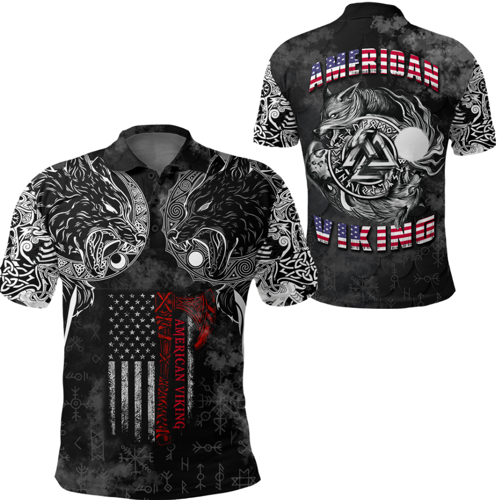 Viking Clothing Hati and Skoll Norse American Viking Polo Shirt RLT12