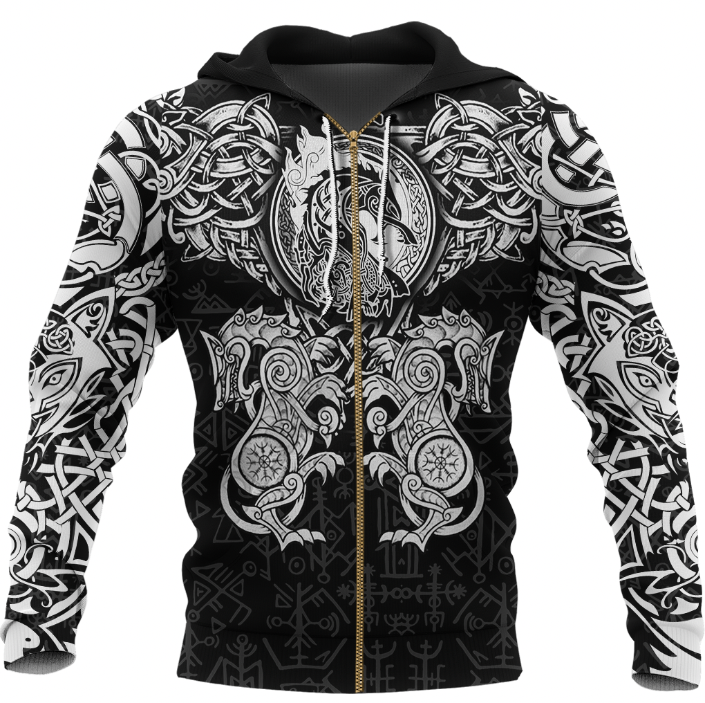 Viking Clothing Viking Dragon and Wolf Tattoo Zip Hoodie RLT12