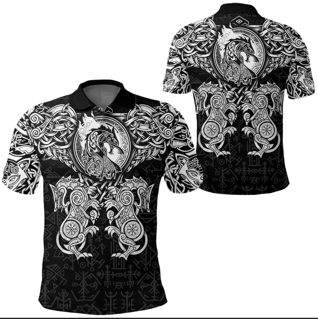 Viking Clothing Viking Dragon and Wolf Tattoo Polo Shirt RLT12