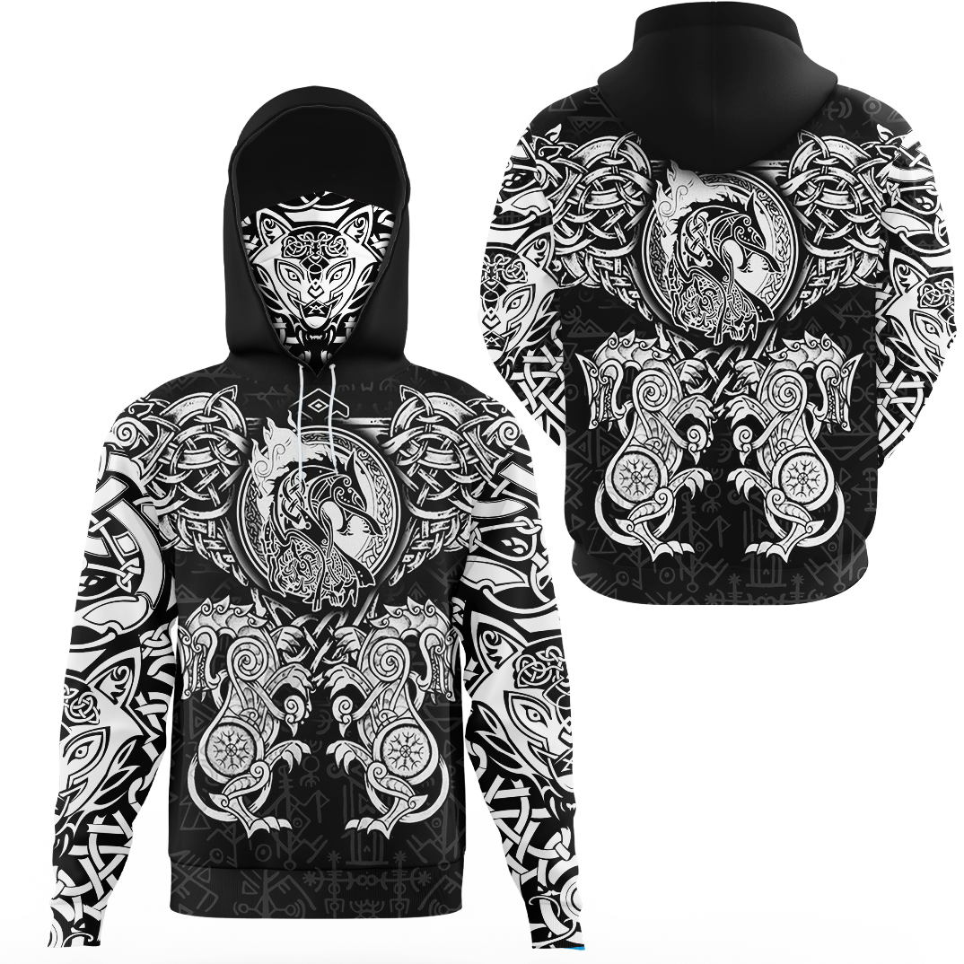 Viking Clothing Viking Dragon and Wolf Tattoo Hoodie Gaiter RLT12