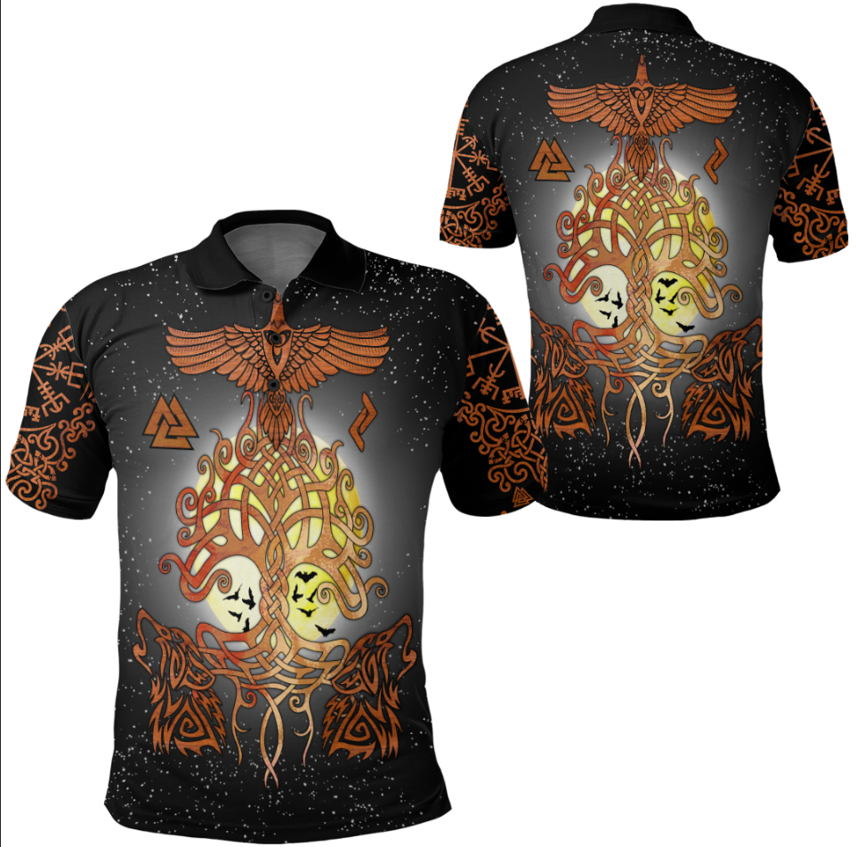 Viking Clothing Yggdrasil Raven and Wolf Polo Shirt RLT12