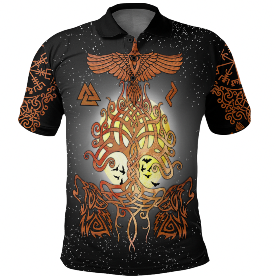 Viking Clothing Yggdrasil Raven and Wolf Polo Shirt RLT12