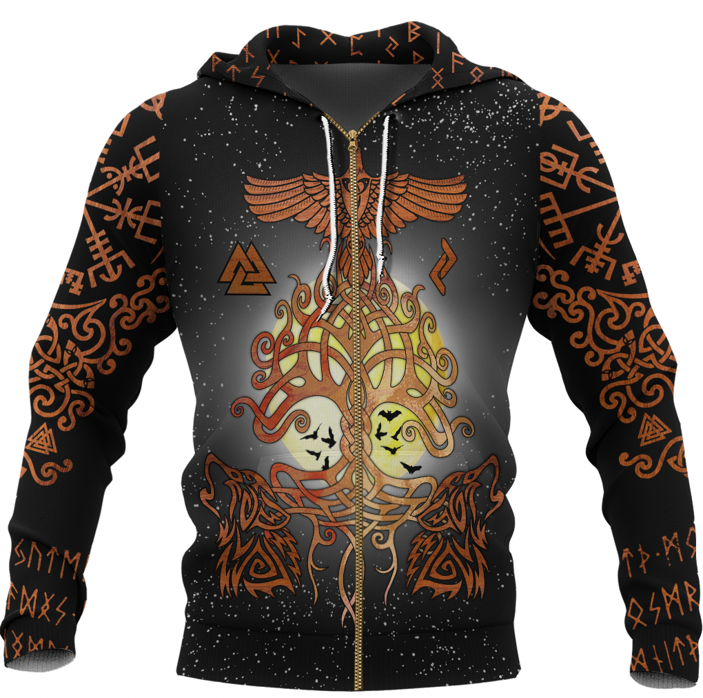 Viking Clothing Yggdrasil Raven and Wolf Zip Hoodie RLT12