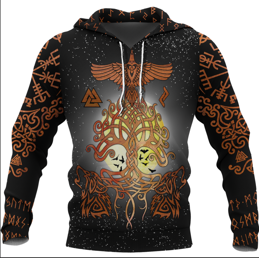 Viking Clothing Yggdrasil Raven and Wolf Hoodie RLT12