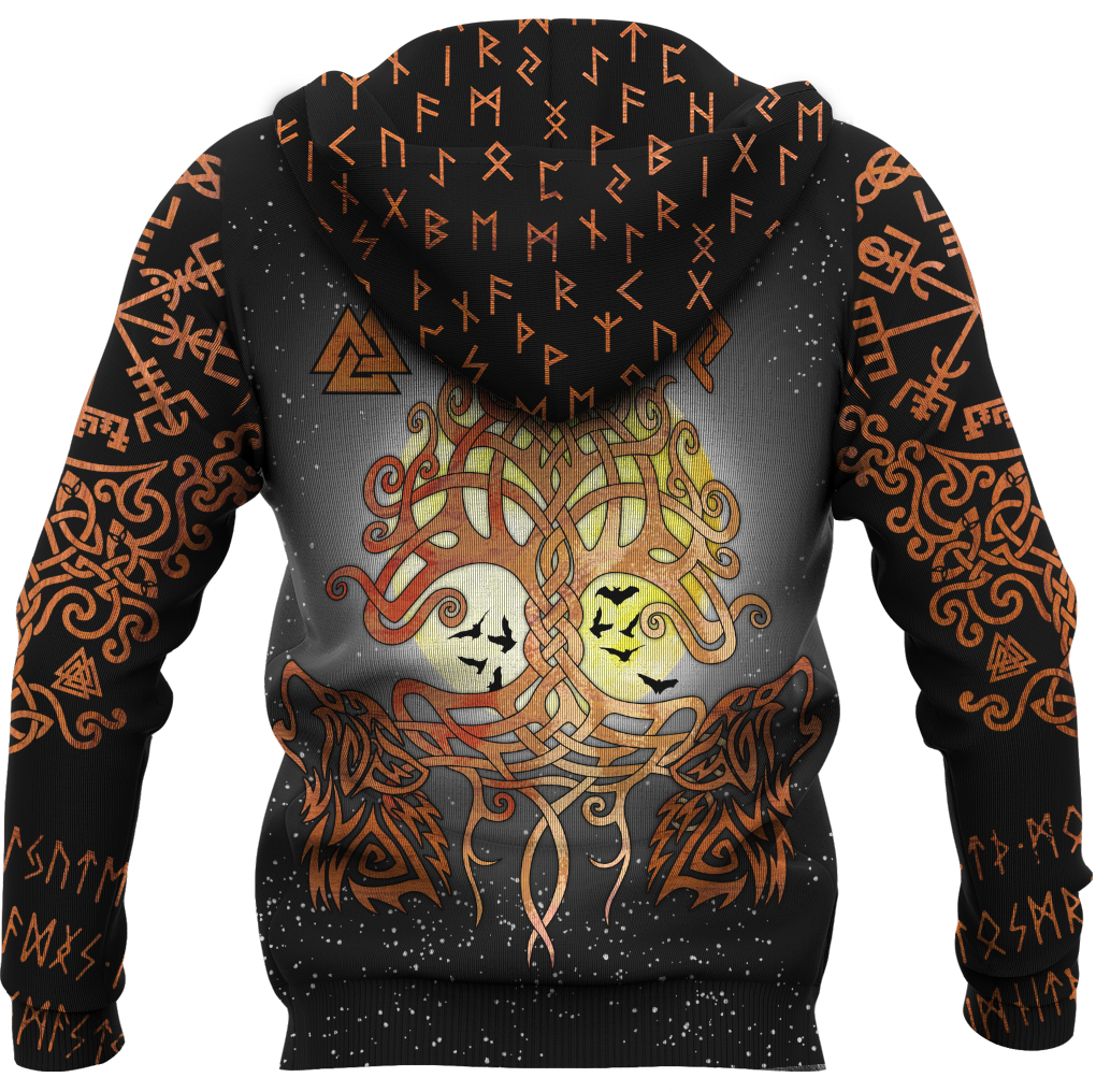 Viking Clothing Yggdrasil Raven and Wolf Hoodie RLT12