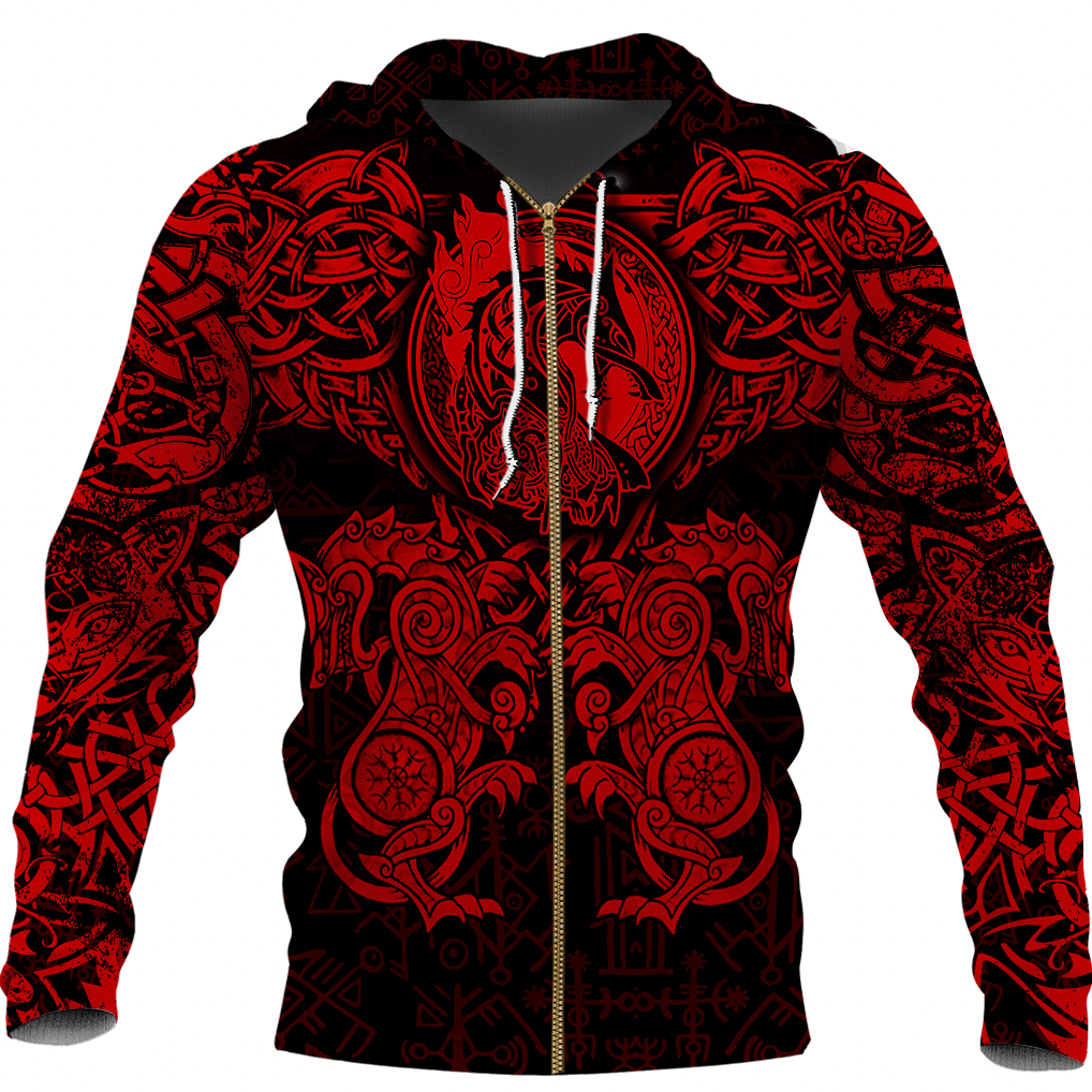 Viking Clothing Viking Dragon and Wolf Tattoo Red Zip Hoodie RLT12