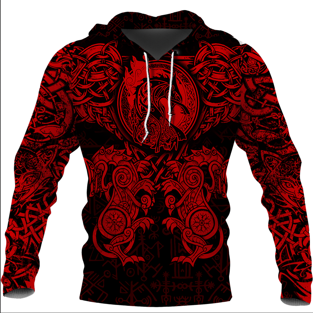 Viking Clothing Viking Dragon and Wolf Tattoo Red Hoodie RLT12