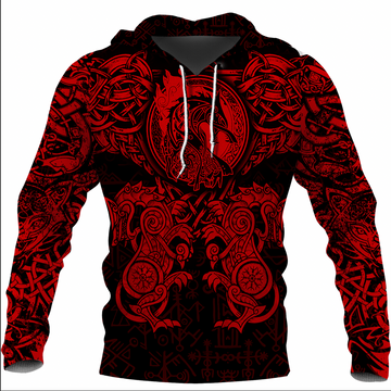 Viking Clothing Viking Dragon and Wolf Tattoo Red Hoodie RLT12