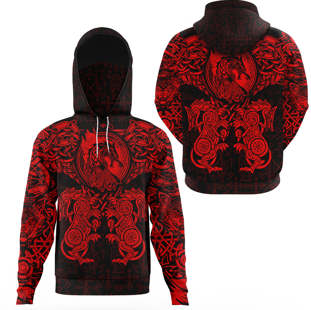 Viking Clothing Viking Dragon and Wolf Tattoo Red Hoodie Gaiter RLT12