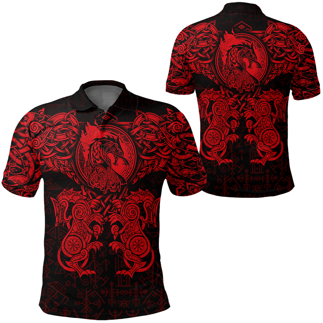 Viking Clothing Viking Dragon and Wolf Tattoo Polo Shirt Red RLT12