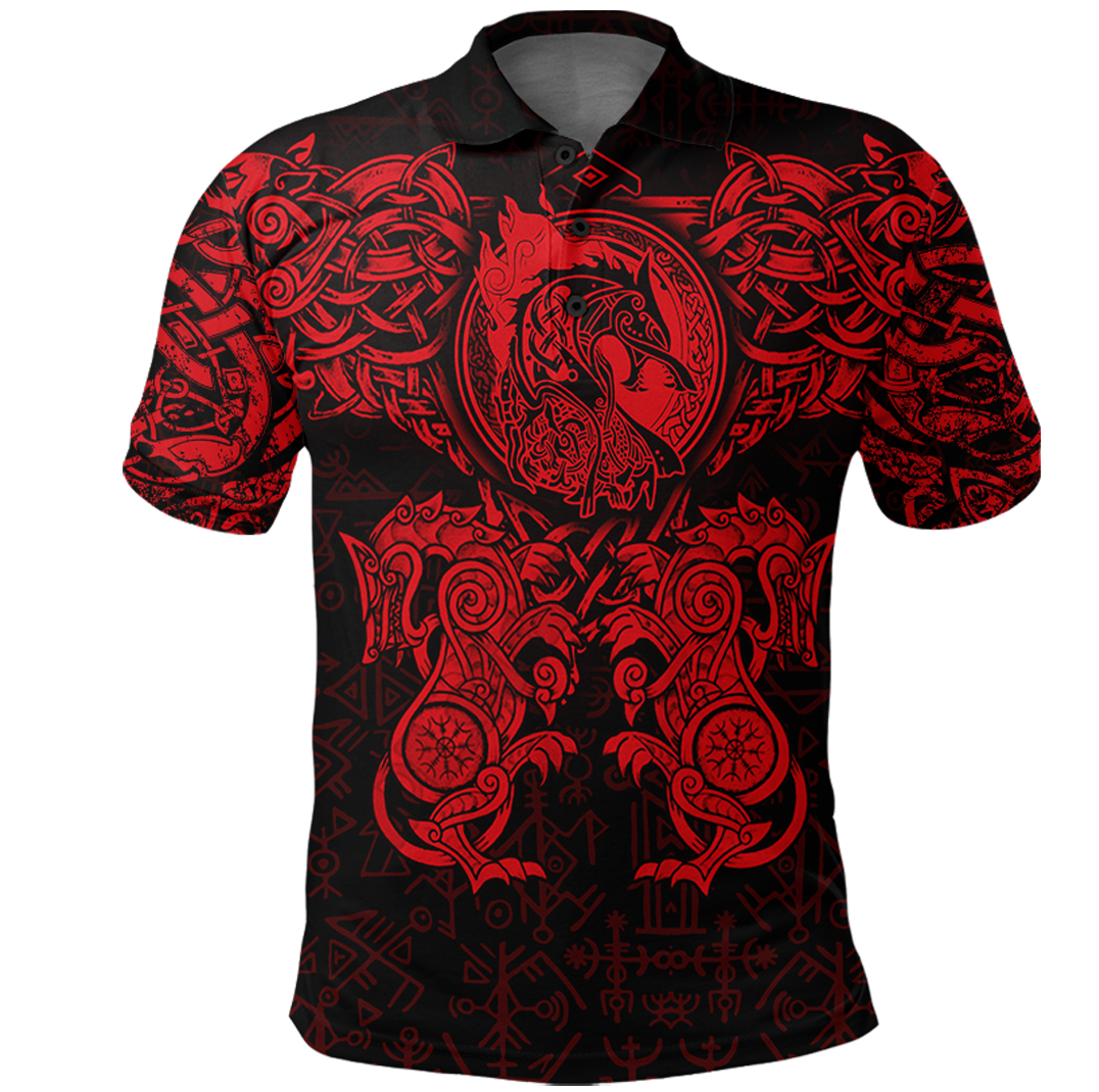 Viking Clothing Viking Dragon and Wolf Tattoo Polo Shirt Red RLT12