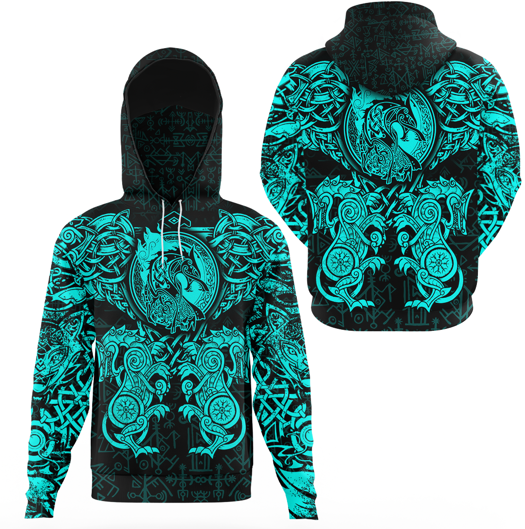 Viking Clothing Viking Dragon and Wolf Tattoo Cyan Hoodie Gaiter RLT12