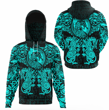 Viking Clothing Viking Dragon and Wolf Tattoo Cyan Hoodie Gaiter RLT12