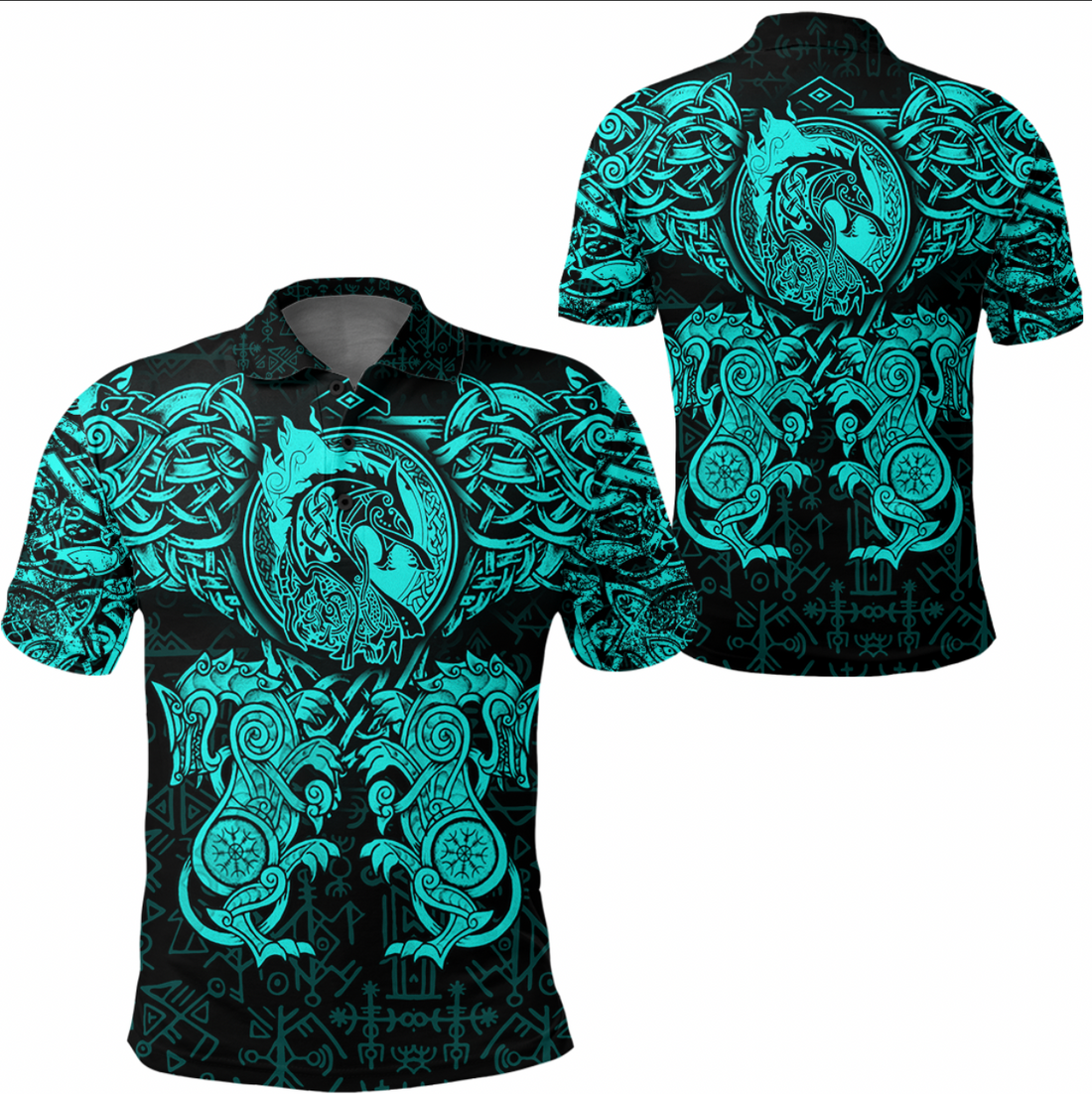 Viking Clothing Viking Dragon and Wolf Tattoo Cyan Polo Shirt RLT12