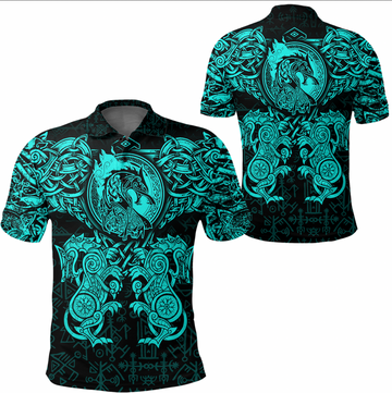 Viking Clothing Viking Dragon and Wolf Tattoo Cyan Polo Shirt RLT12