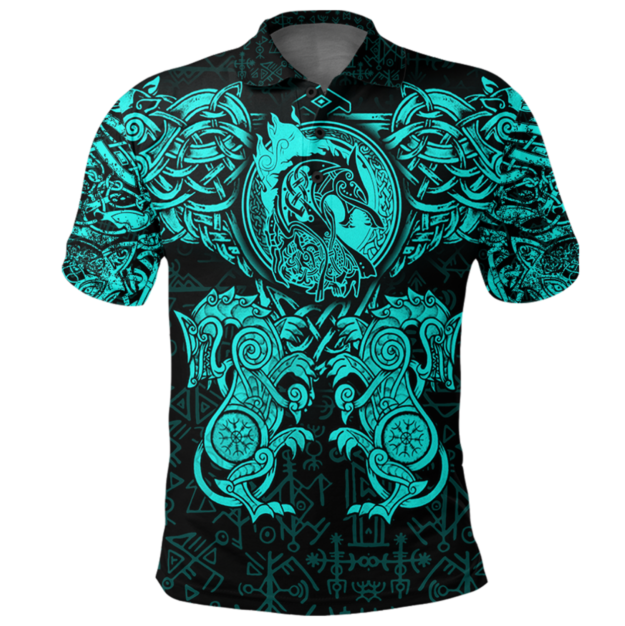 Viking Clothing Viking Dragon and Wolf Tattoo Cyan Polo Shirt RLT12