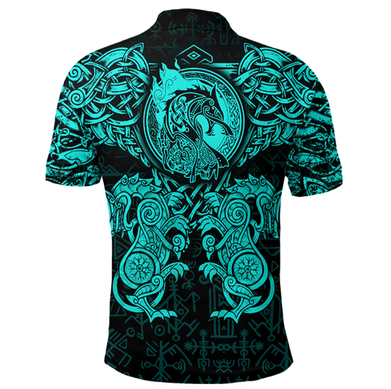 Viking Clothing Viking Dragon and Wolf Tattoo Cyan Polo Shirt RLT12