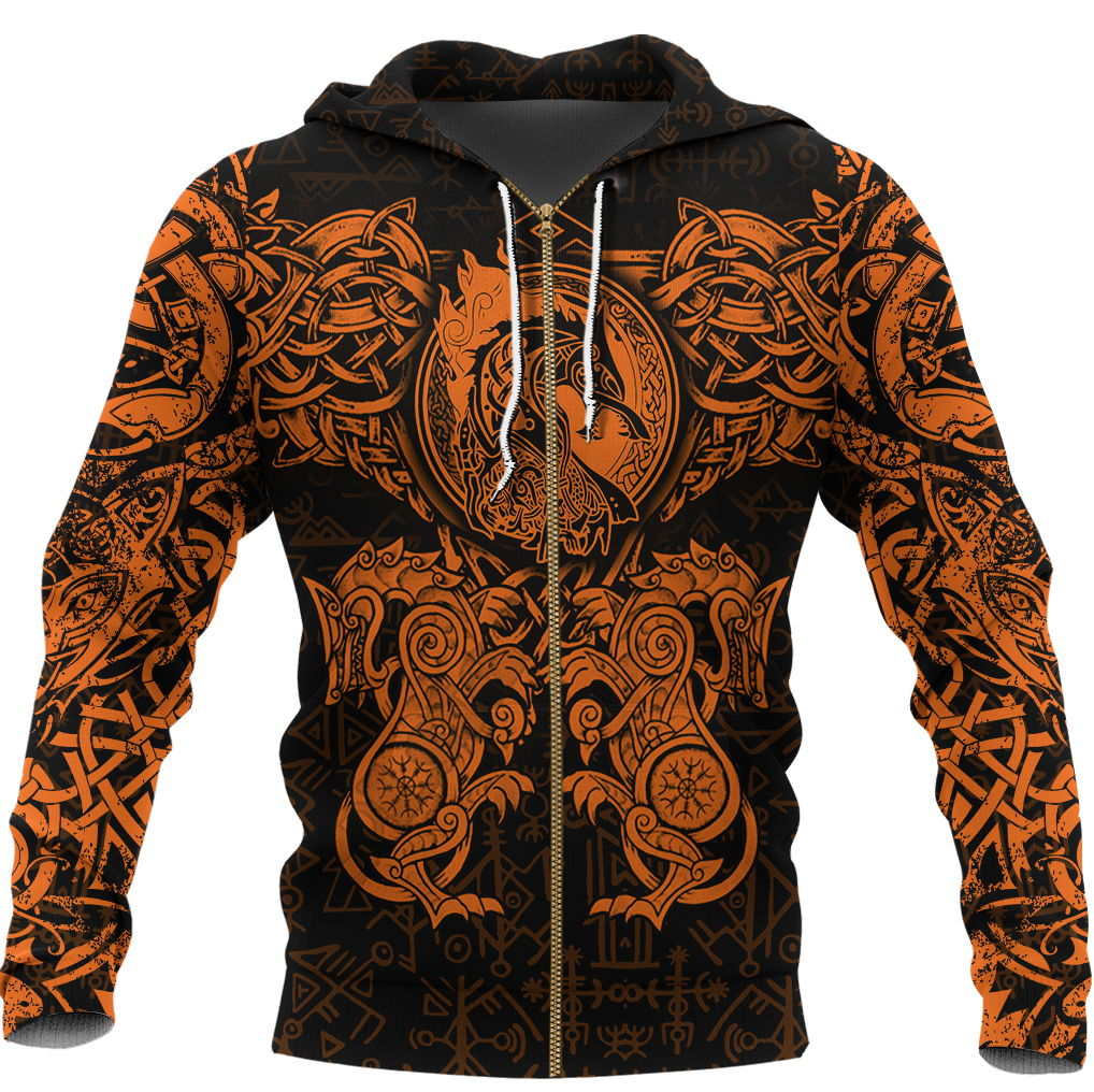 Viking Clothing Viking Dragon and Wolf Tattoo Orange Zip Hoodie RLT12