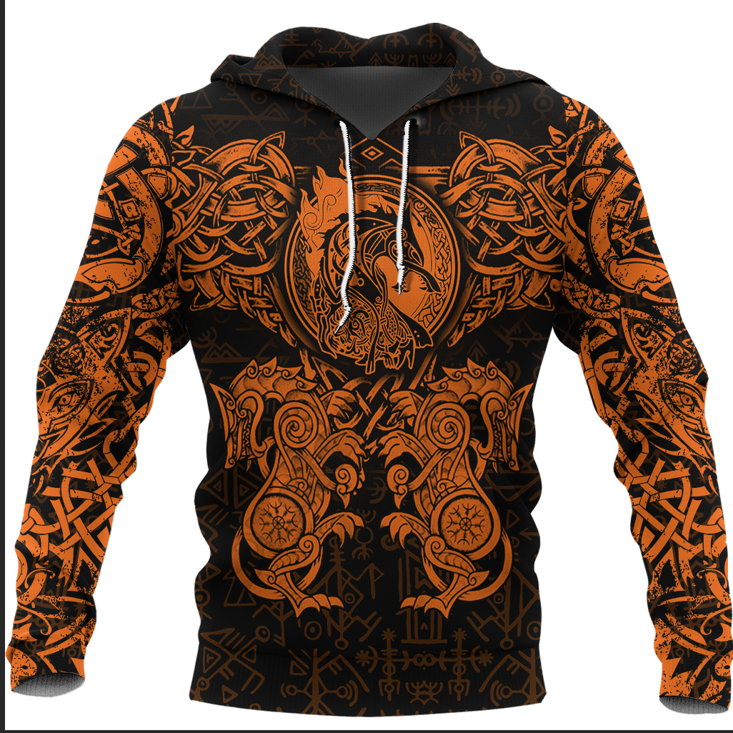 Viking Clothing Viking Dragon and Wolf Tattoo Orange Hoodie RLT12