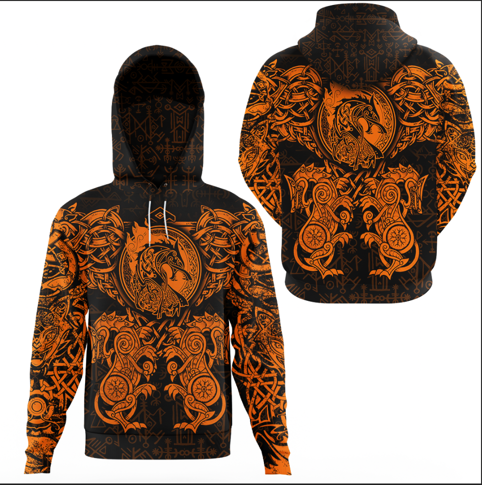 Viking Clothing Viking Dragon and Wolf Tattoo Orange Hoodie Gaiter RLT12