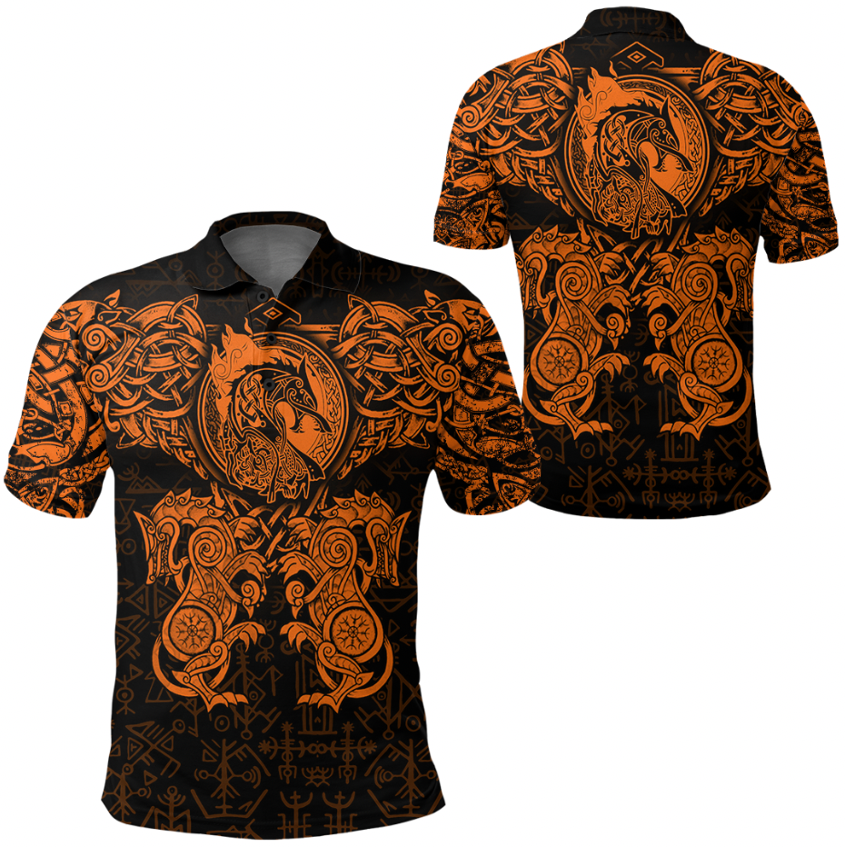 Viking Clothing Viking Dragon and Wolf Tattoo Orange Polo Shirt RLT12