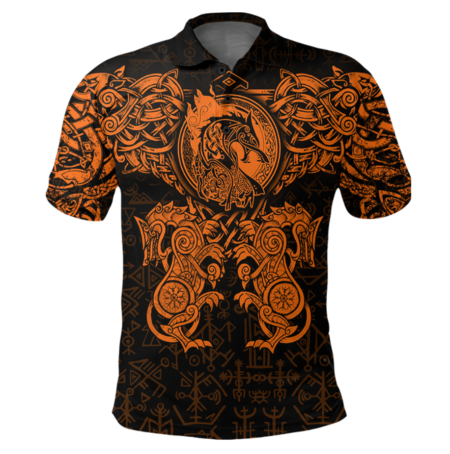 Viking Clothing Viking Dragon and Wolf Tattoo Orange Polo Shirt RLT12