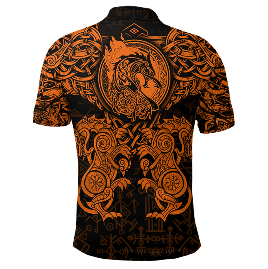 Viking Clothing Viking Dragon and Wolf Tattoo Orange Polo Shirt RLT12