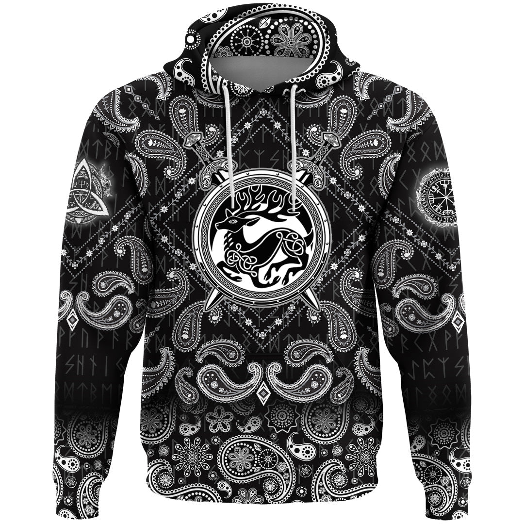 Viking Hoodie Shield With Deer Crest and Crossing Swords with Bandana Paisley Style RLT12