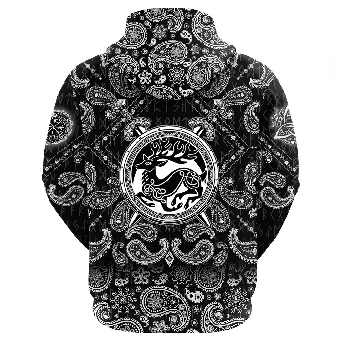 Viking Hoodie Shield With Deer Crest and Crossing Swords with Bandana Paisley Style RLT12