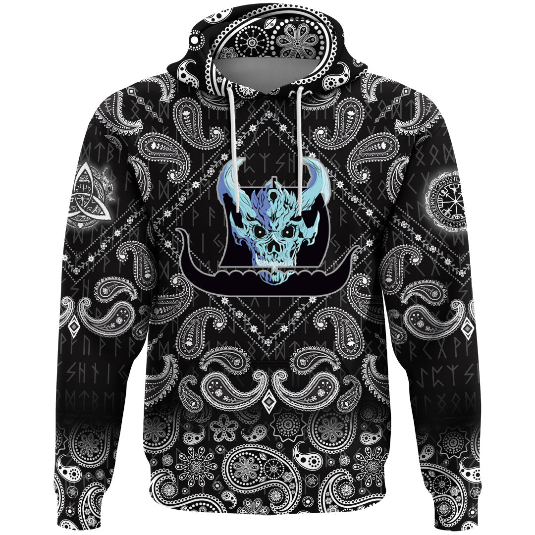 Viking Hoodie Ship Silhouette With White Skull with Bandana Paisley Style RLT12