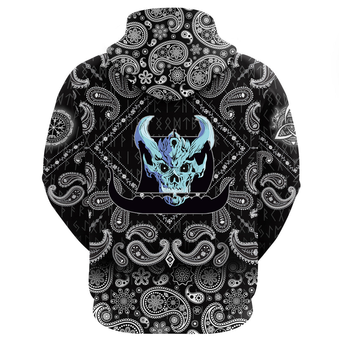 Viking Hoodie Ship Silhouette With White Skull with Bandana Paisley Style RLT12