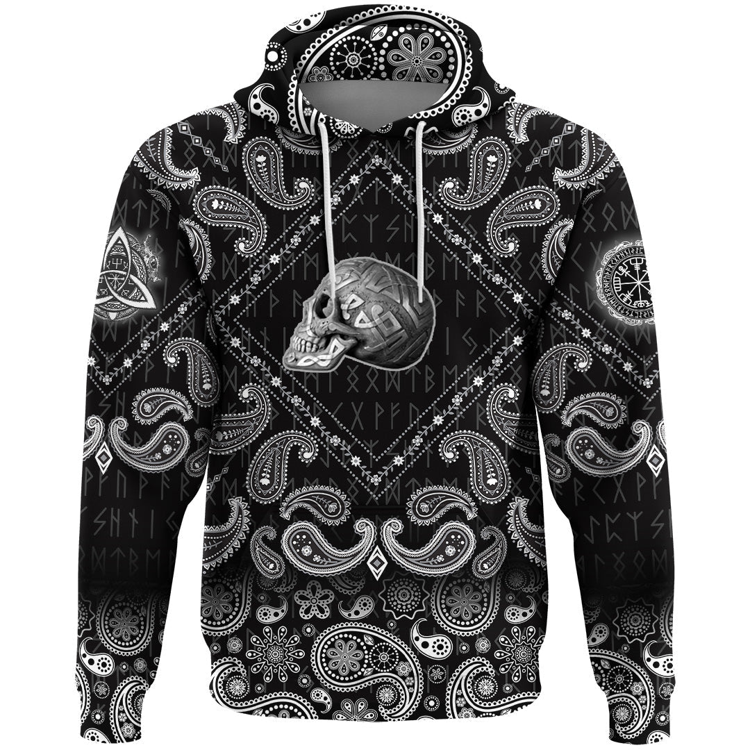 Viking Hoodie Silver Plaster Skull Left Side Isolated with Bandana Paisley Style RLT12