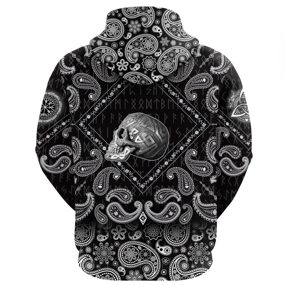 Viking Hoodie Silver Plaster Skull Left Side Isolated with Bandana Paisley Style RLT12
