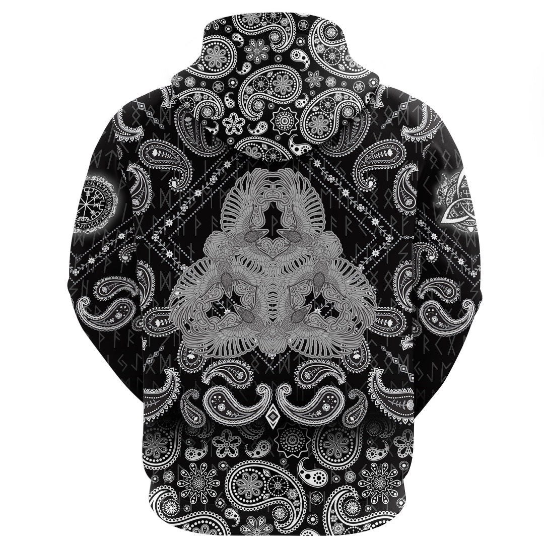 Viking Hoodie Six Ravens Fantasy Triangle Ornament Black and White with Bandana Paisley Style RLT12