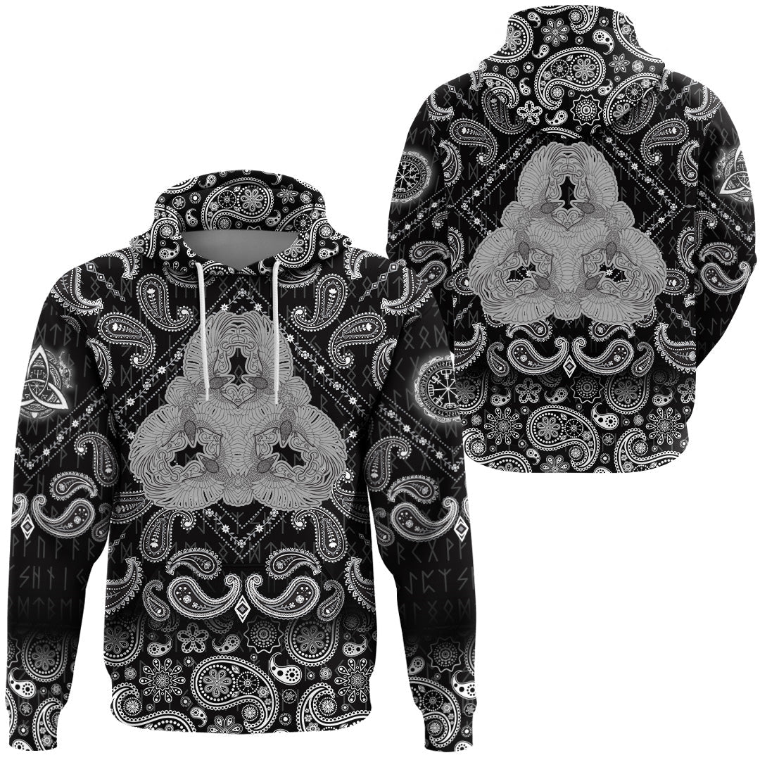 Viking Hoodie Six Ravens Fantasy Triangle Ornament Black and White with Bandana Paisley Style RLT12