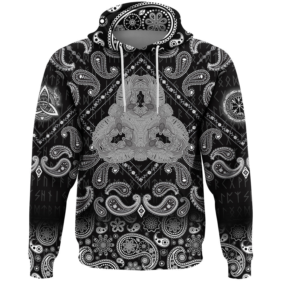 Viking Hoodie Six Ravens Fantasy Triangle Ornament Black and White with Bandana Paisley Style RLT12