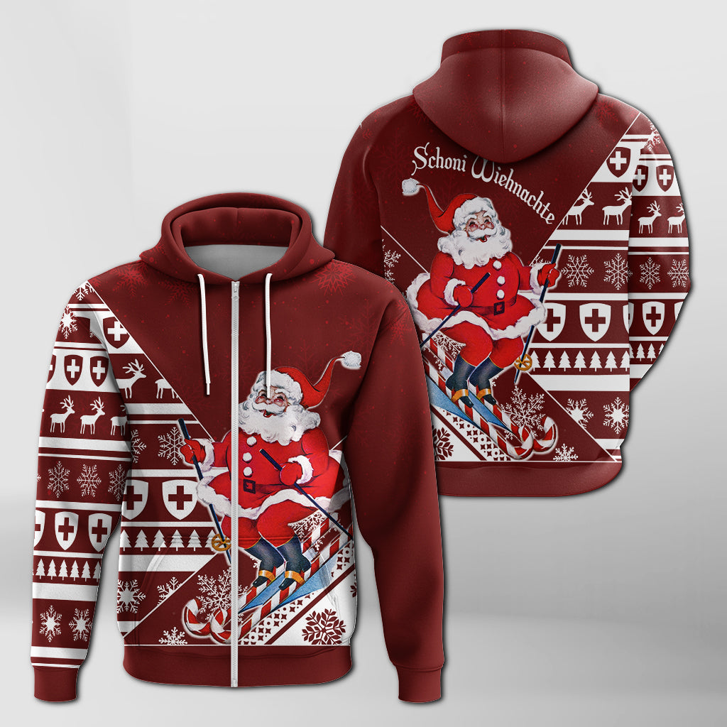 Skiing Santa Schoni Wiehnachte Swiss Christmas Pattern Zip Hoodie LT7