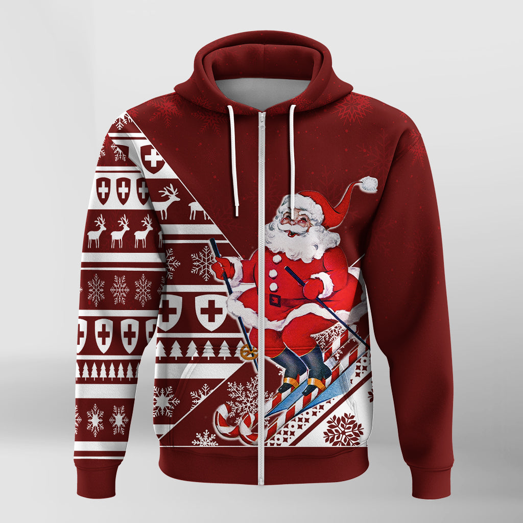 Skiing Santa Schoni Wiehnachte Swiss Christmas Pattern Zip Hoodie LT7