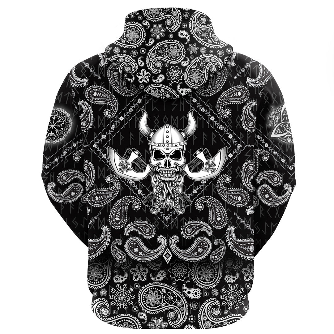 Viking Hoodie Skull Helmet With Horns and Two Crossed Axes with Bandana Paisley Style RLT12