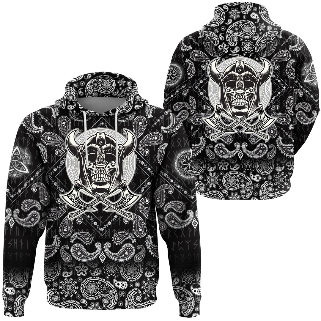 Viking Hoodie Skull Of Warrior With Crossed Axes with Bandana Paisley Style RLT12