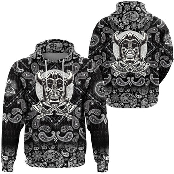 Viking Hoodie Skull Of Warrior With Crossed Axes with Bandana Paisley Style RLT12