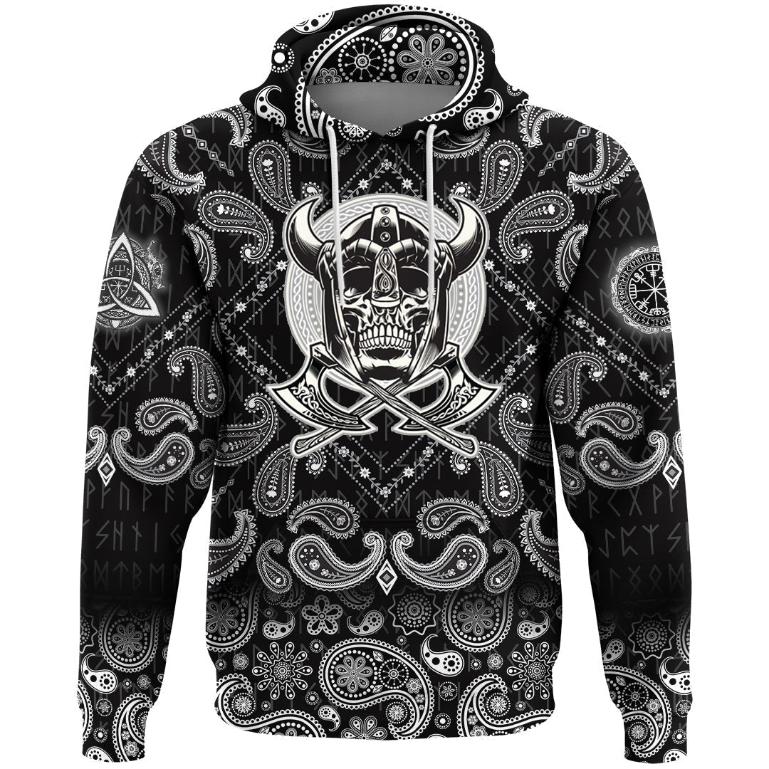 Viking Hoodie Skull Of Warrior With Crossed Axes with Bandana Paisley Style RLT12