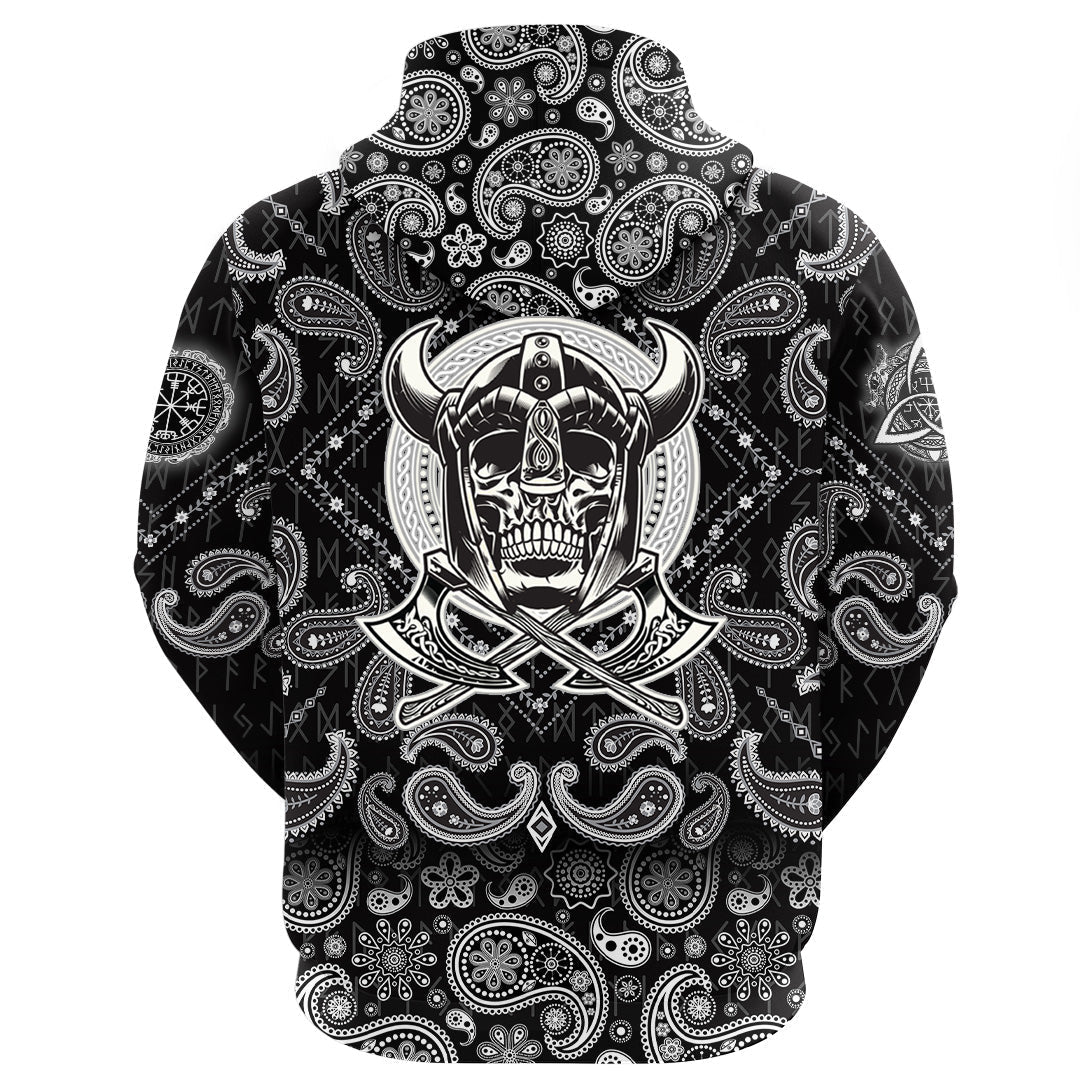 Viking Hoodie Skull Of Warrior With Crossed Axes with Bandana Paisley Style RLT12
