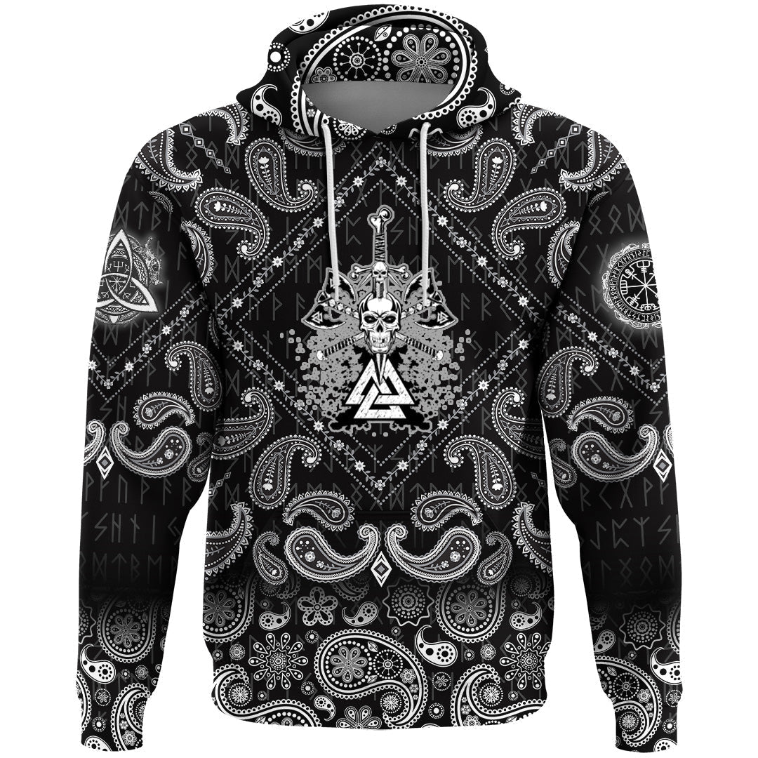 Viking Hoodie Skull Pierced By Sword with Bandana Paisley Style RLT12