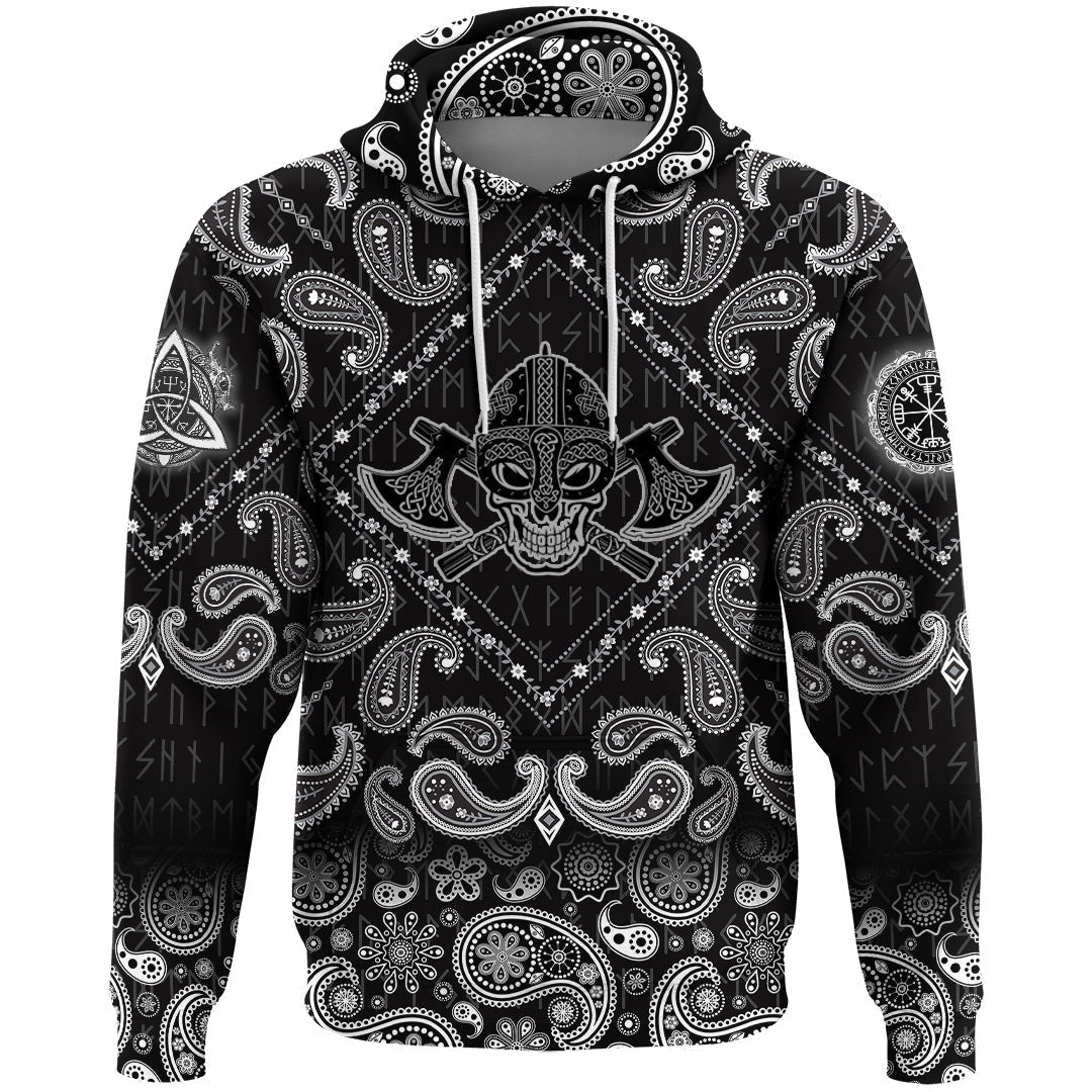 Viking Hoodie Skull Wearing Helmet Over Crossed Battle Axes with Bandana Paisley Style RLT12