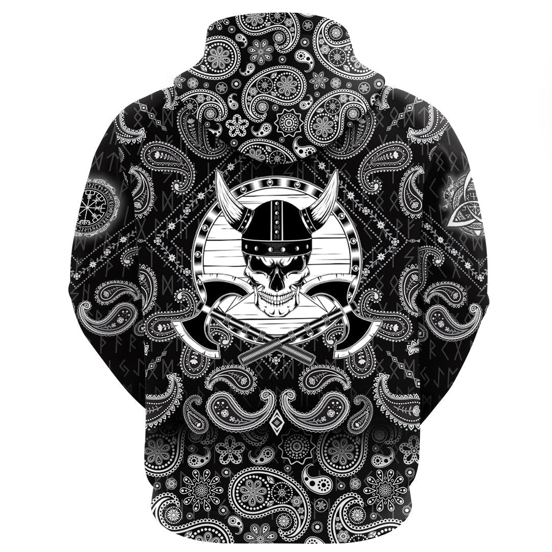Viking Hoodie Skull in helmet with horns with shield and axes with Bandana Paisley Style RLT12