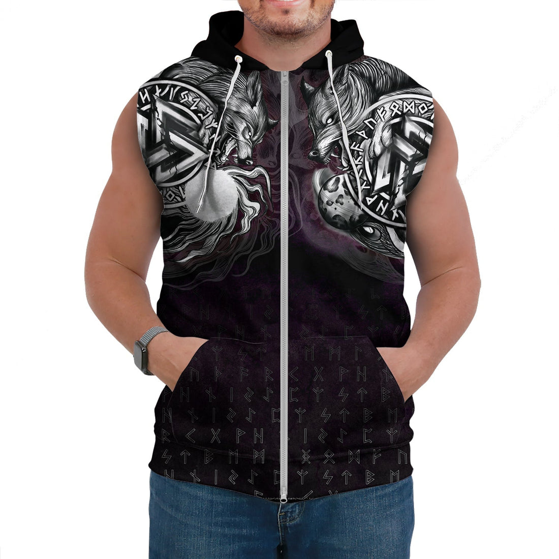 Viking Sleeveless Hoodie - Hati and Skoll Valknut RLT12