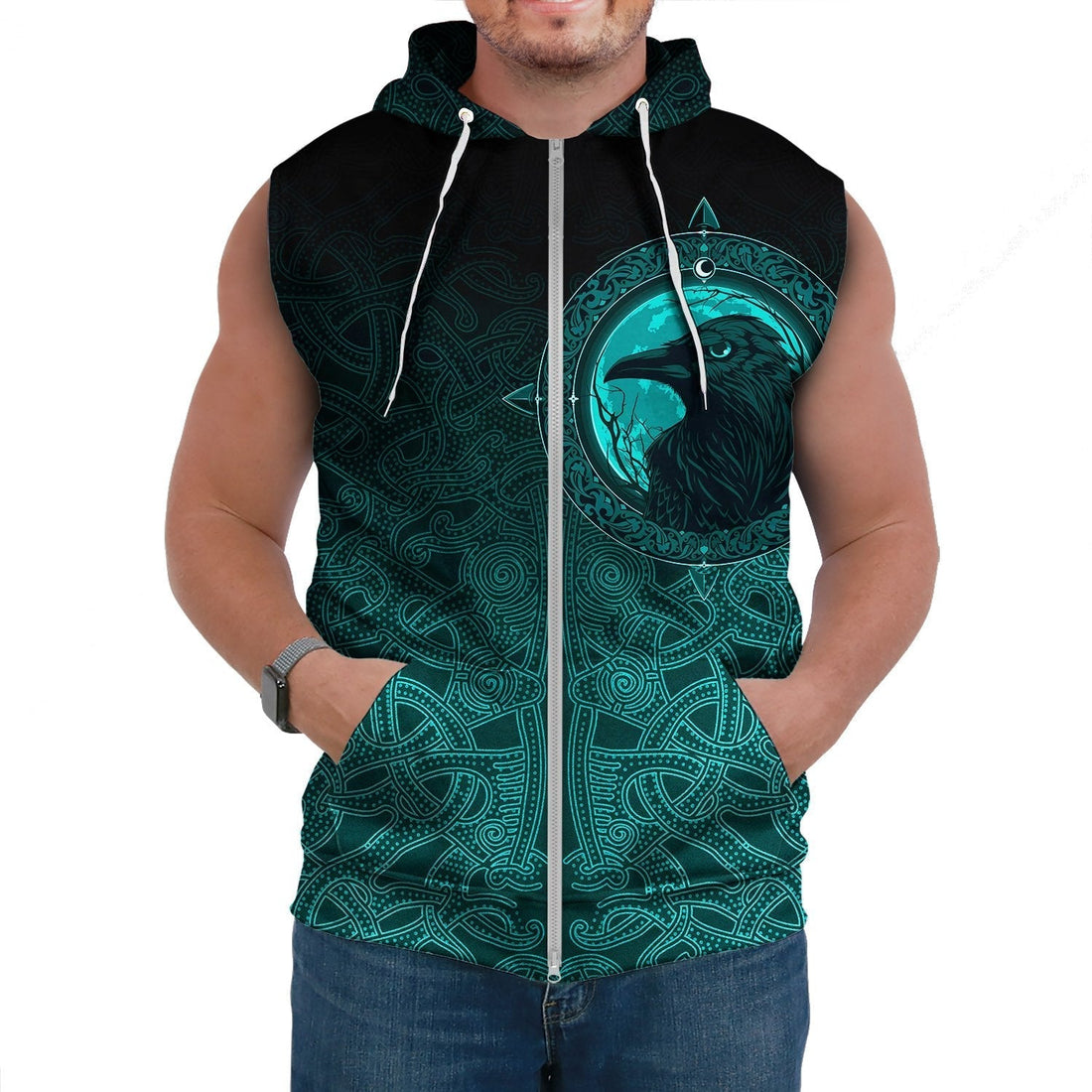 Viking Sleeveless Hoodie, Ethnic Odin Raven Cyan RLT12