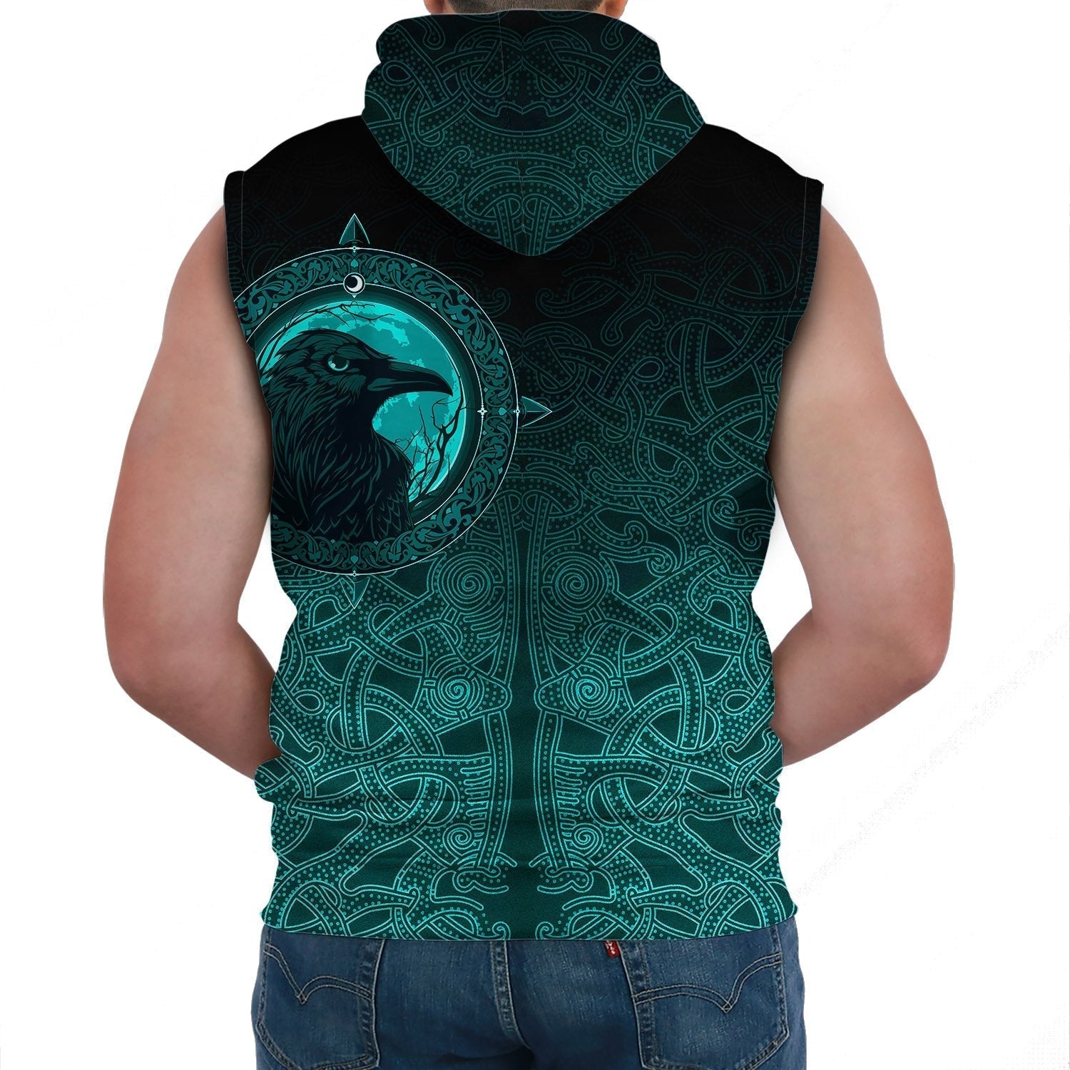 Viking Sleeveless Hoodie, Ethnic Odin Raven Cyan RLT12