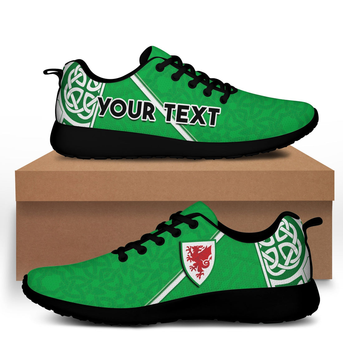 (Custom Personalised) Wales Football Sporty Sneakers Come On Welsh Dragons With Celtic Knot Pattern LT14